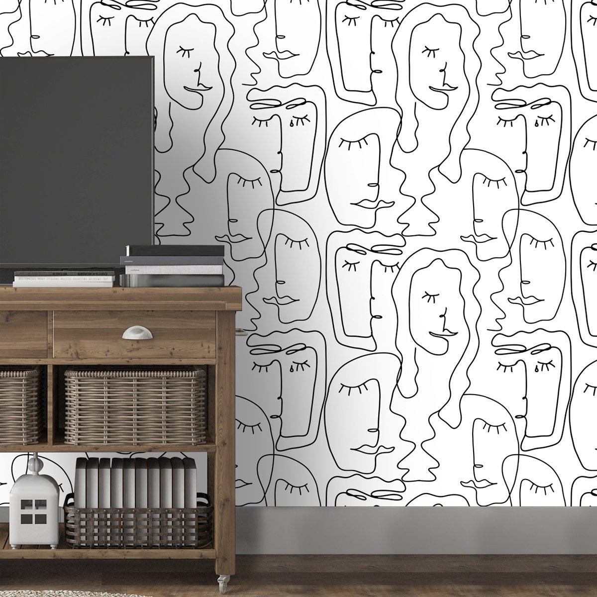 Self adhesive waterproof simple abstract portrait black and white line series background decoration wallpaper, home wallpaper