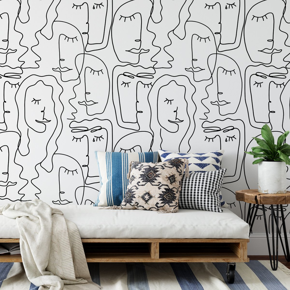 Self adhesive waterproof simple abstract portrait black and white line series background decoration wallpaper, home wallpaper