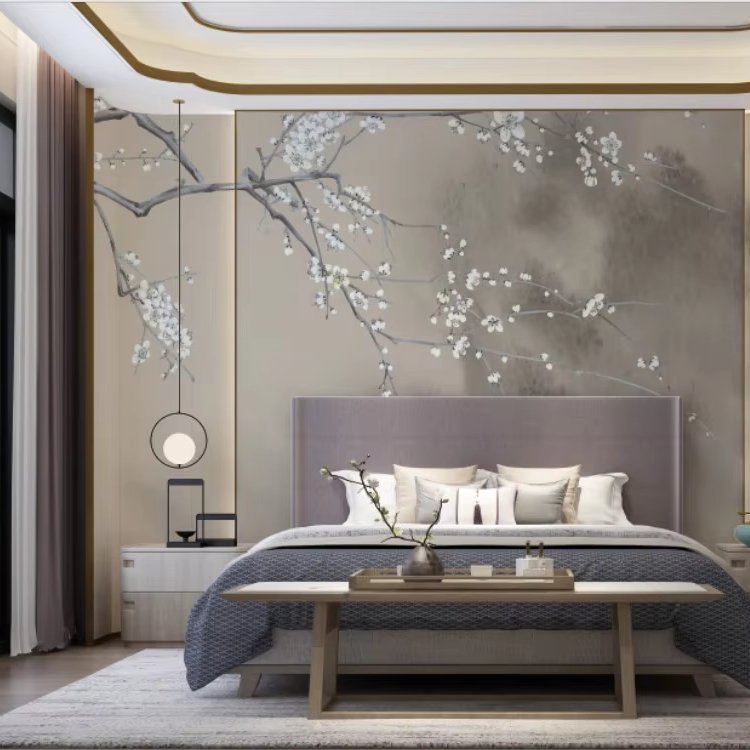 Zhenling Digitally Printed Plum Embroidered Silk Wallpaper for bedroom decoration