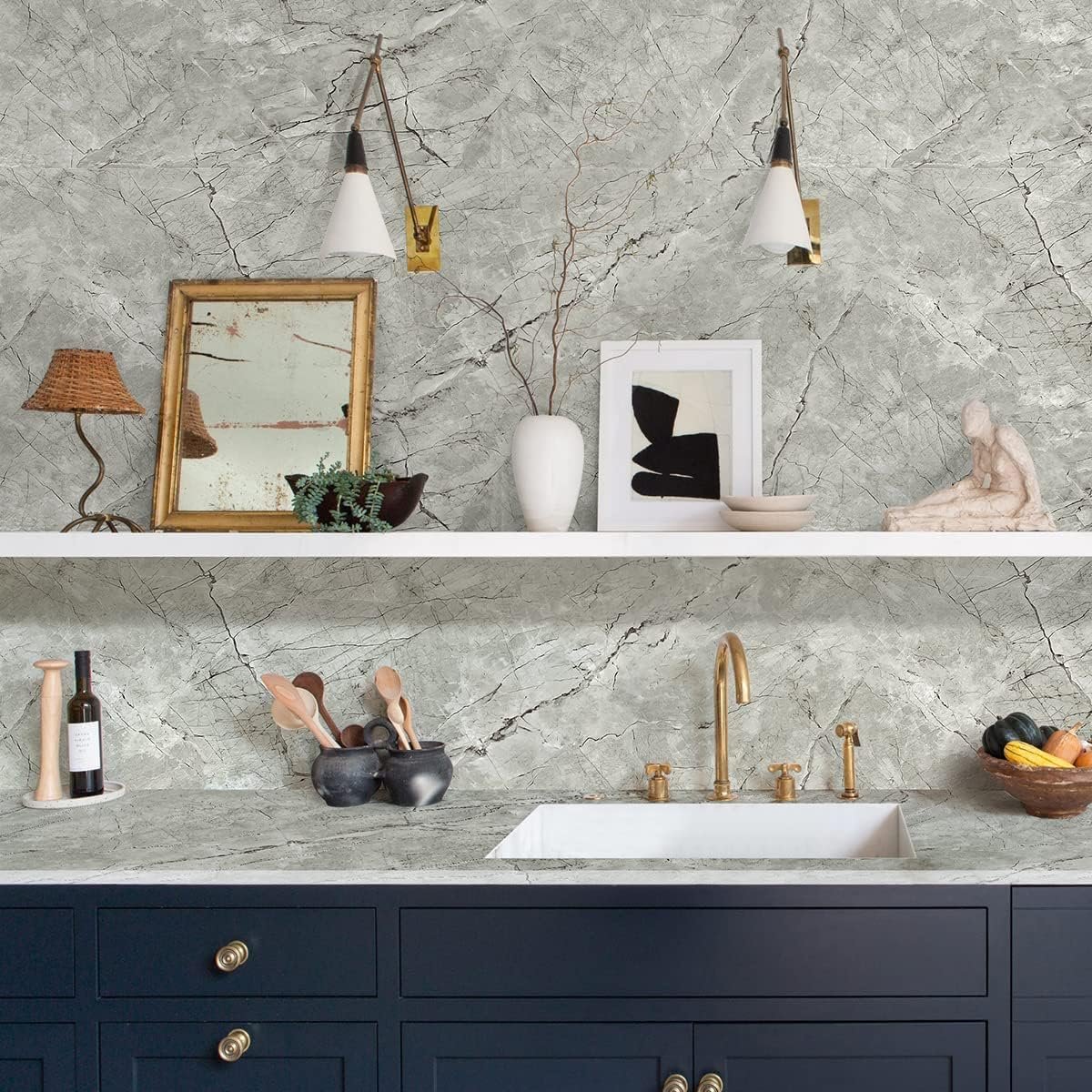 Self adhesive Glossy marble sticker 23.6inch x 196.8inch waterproof peel and stick marble wallpaper vinyl film roll for kitchen