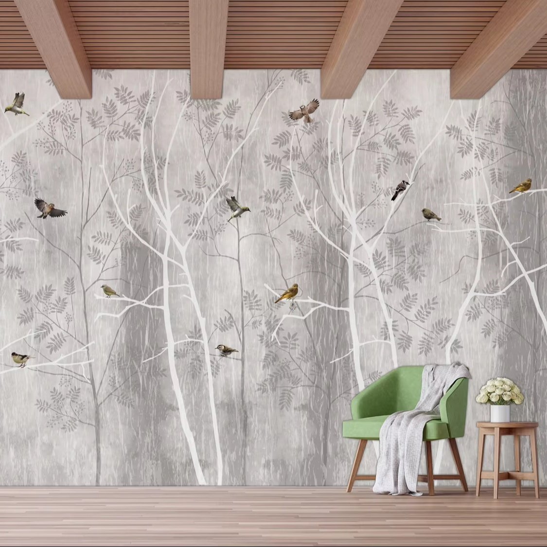 Widely sold commercial wall decor Vintage french flower and birds wall mural waterproof wallpaper for Beauty salon