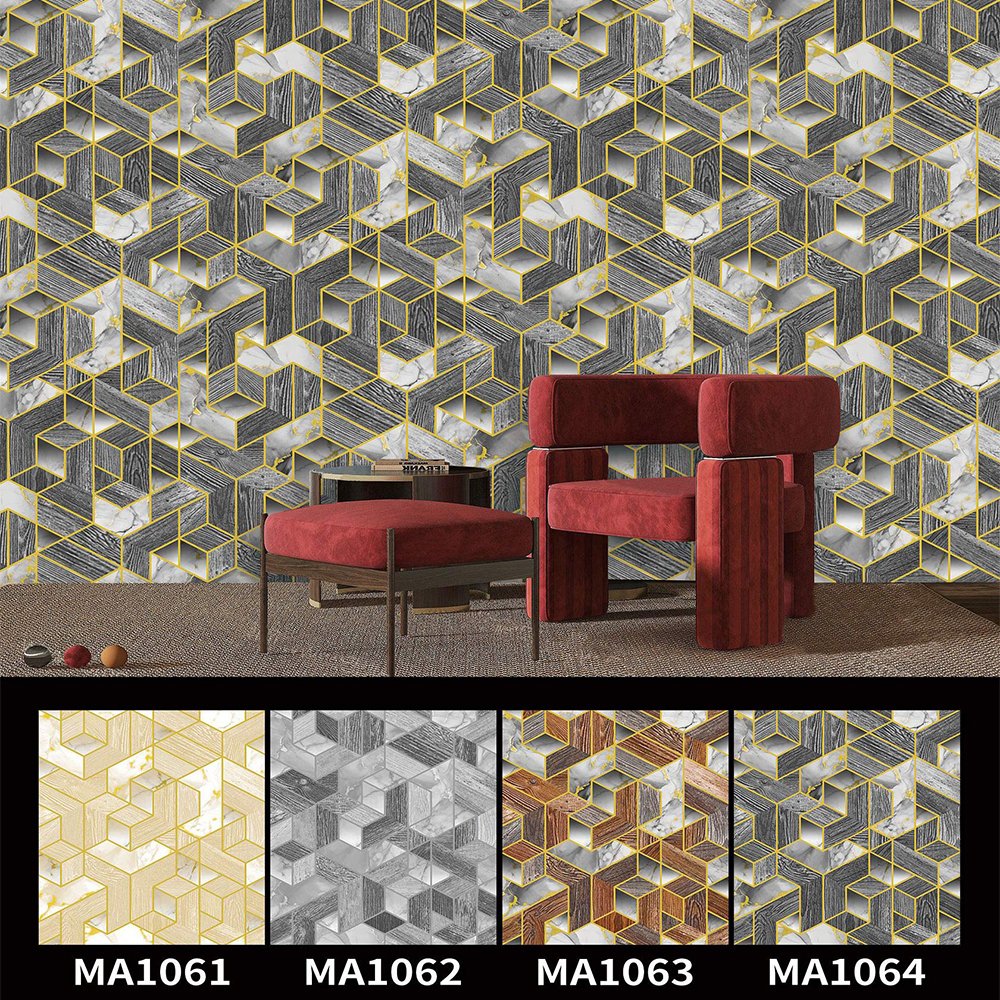 China designs geometric home interior PVC wallpapers, retro industrial style white marble wallpaper