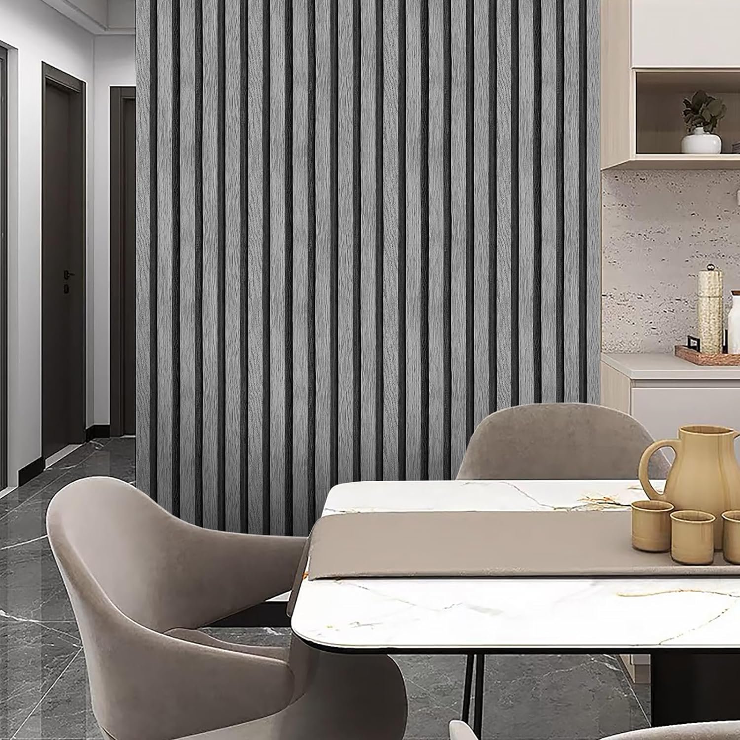 ORON 3D Removable Wallpaper Peel and Stick Self Adhesive Grey Wooden Slat contact paper for Living Room Cabinets