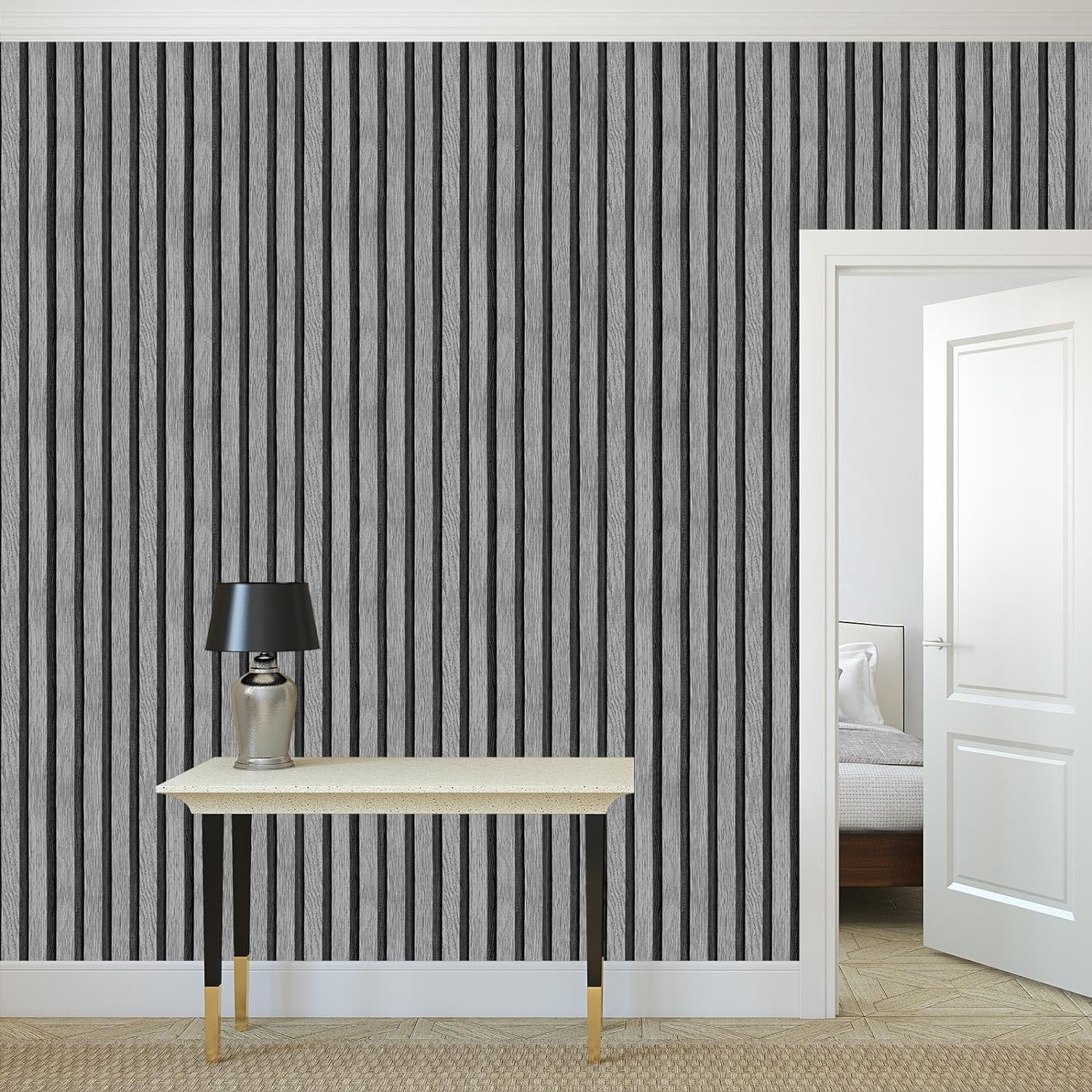 ORON 3D Removable Wallpaper Peel and Stick Self Adhesive Grey Wooden Slat contact paper for Living Room Cabinets