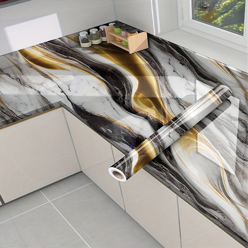 Oil-proof background wall paper self-adhesive PVC 3D Black and gold marble wallpaper peel and stick waterproof for home decor