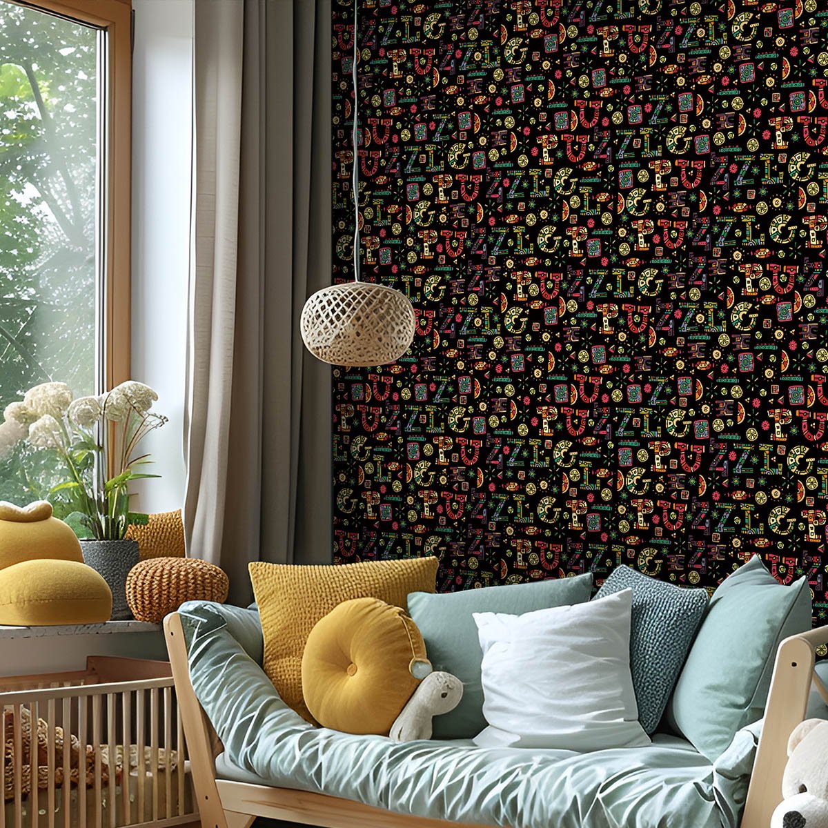 Cartoon letter TV background wall decoration, high-end wallpaper, self-adhesive wallpaper European flower pattern