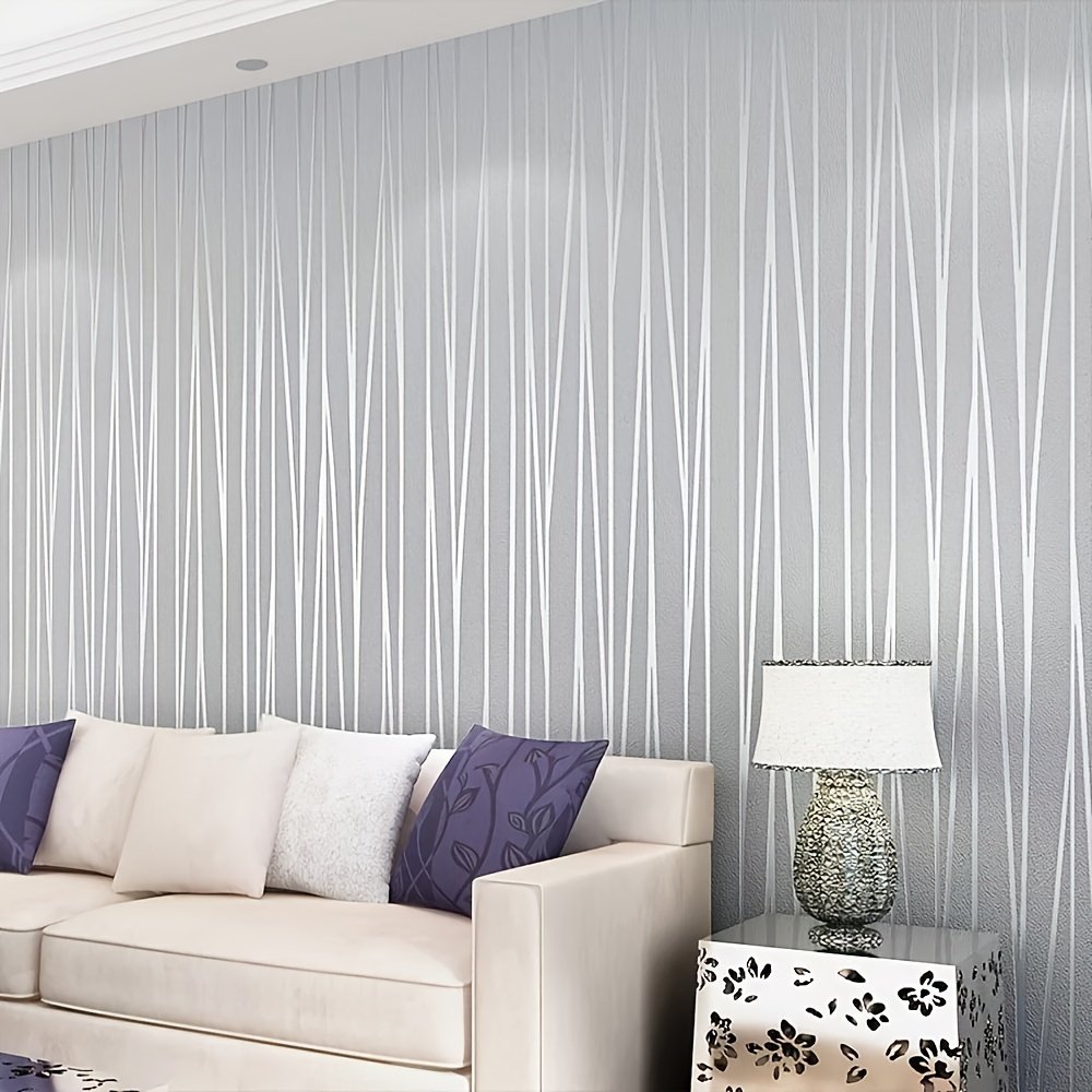 Luxury wall covering Good Quality Factory Supply 45cm Width Vinyl Coated Plain silver stripe Wallpaper for bedroom TV background