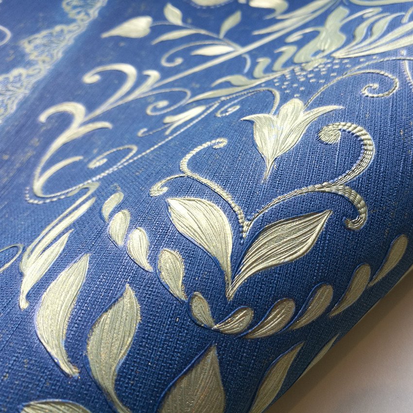 Blue European Design Embossed PVC Wall Paper Glitter Wallpaper