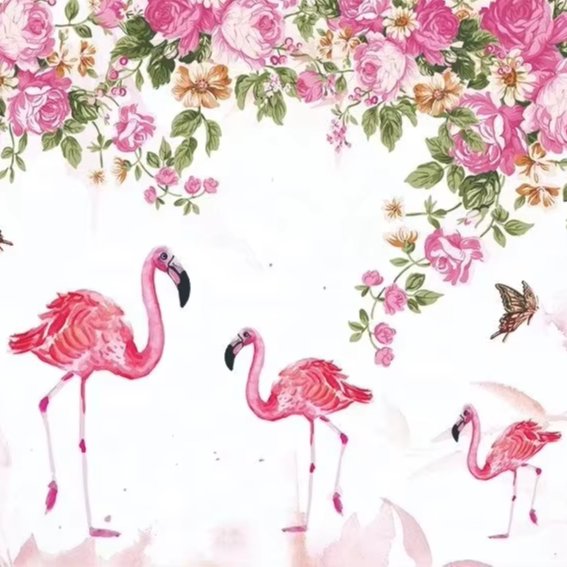 Pink stunning waterbirds cranes swans flamingo with palm tree leaf design seamless fabric high-end wallpaper wall mural