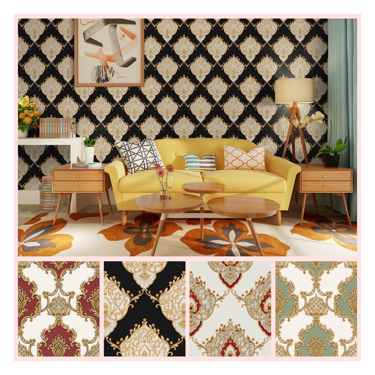 Classic style multi color 106 size 3D PVC wallpaper, embossed design flower wallpaper rolls