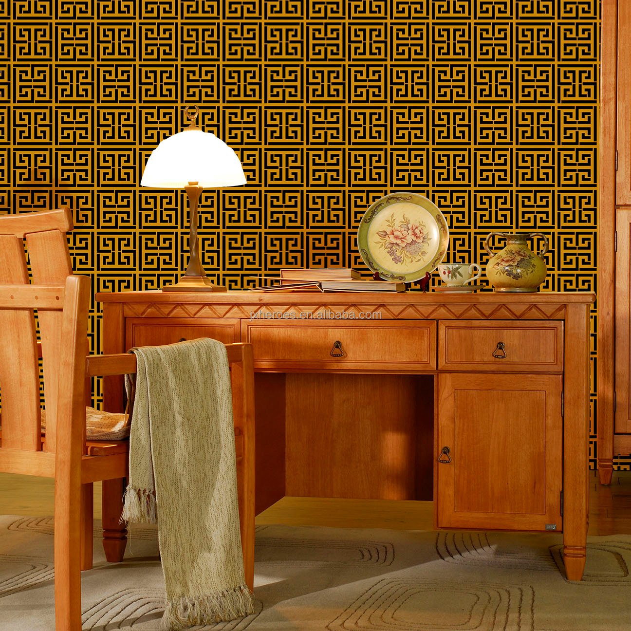 Contrast Color Chinoiserie Window Grille Design Living Room Bedroom Decoration Wallpaper Rolls