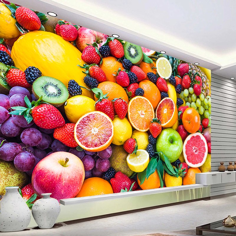KOMNNI 3d Wallpaper Strawberry Orange Grape Fruit Creative Self-Adhesive Mural Kitchen Bedroom Home Decor Fresco Wall Mural
