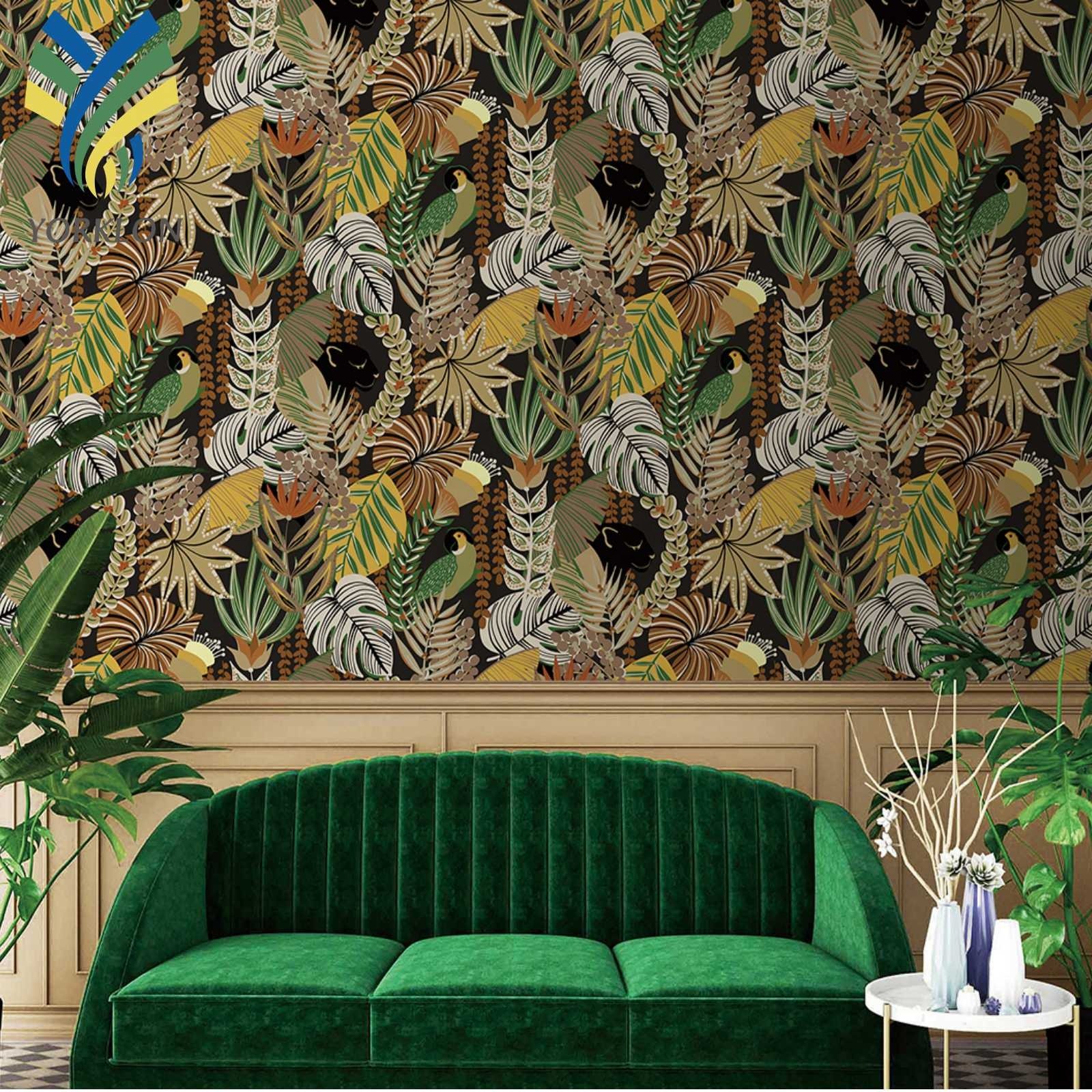 YKF-WJ 1 Custom Nature Green Leaves Flowers Wall paper Designs Grass Black Leopard Mural Wallpaper