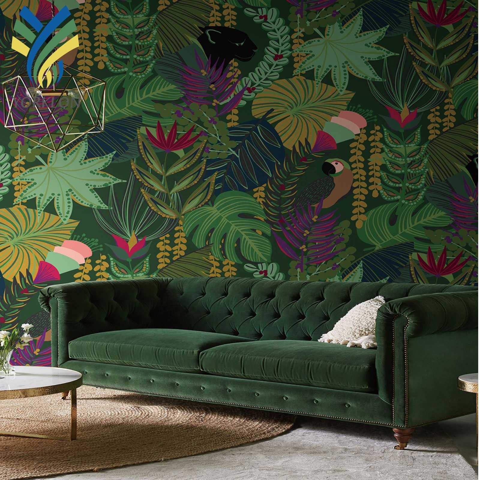 YKF-WJ 1 Custom Nature Green Leaves Flowers Wall paper Designs Grass Black Leopard Mural Wallpaper
