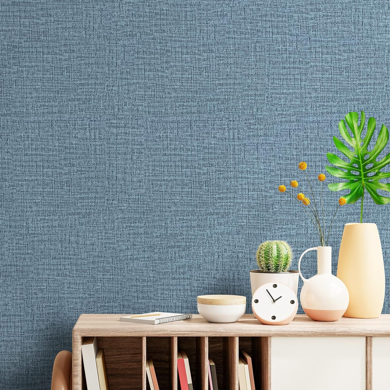 ORON DECO Blue Linen Texture Interior Waterproof PVC Self-Adhesive Peel Stick Wallpapers Decorative Wall Paper Bedroom