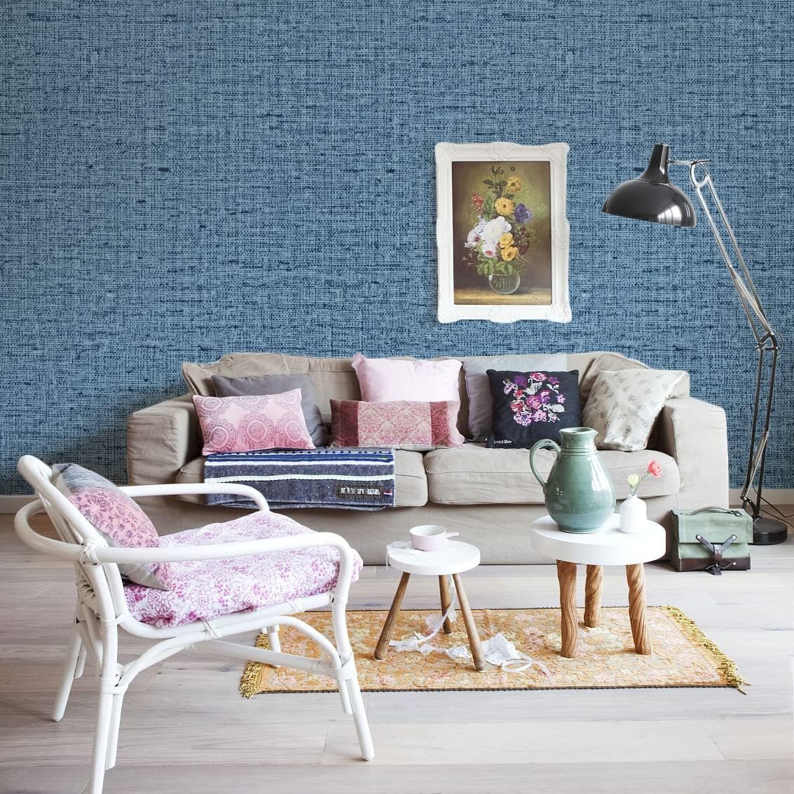 ORON DECO Blue Linen Texture Interior Waterproof PVC Self-Adhesive Peel Stick Wallpapers Decorative Wall Paper Bedroom