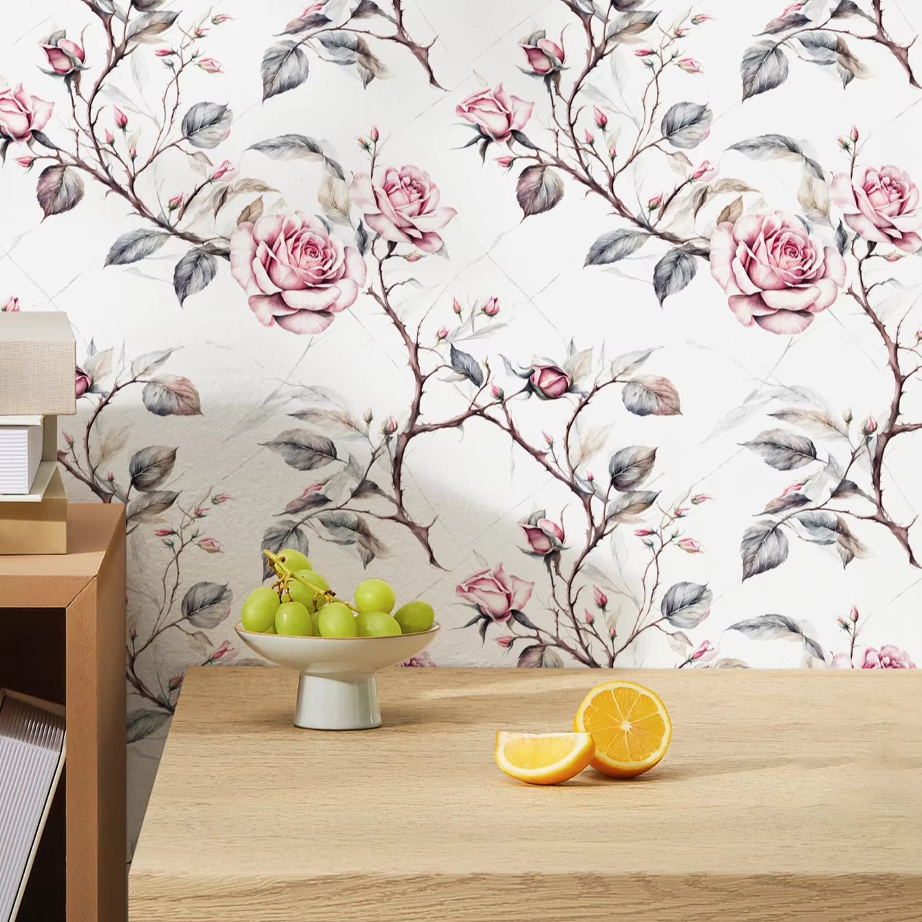 Self adhesive waterproof and easy to scrub color sketch rose branches minimalist background decoration wallpaper, home wallpaper