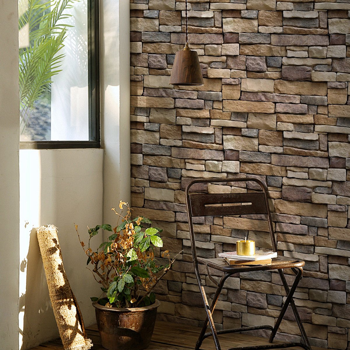 Self adhesive, easy to clean, waterproof, retro warm yellow gray brick wall warm color background wallpaper, home wallpaper
