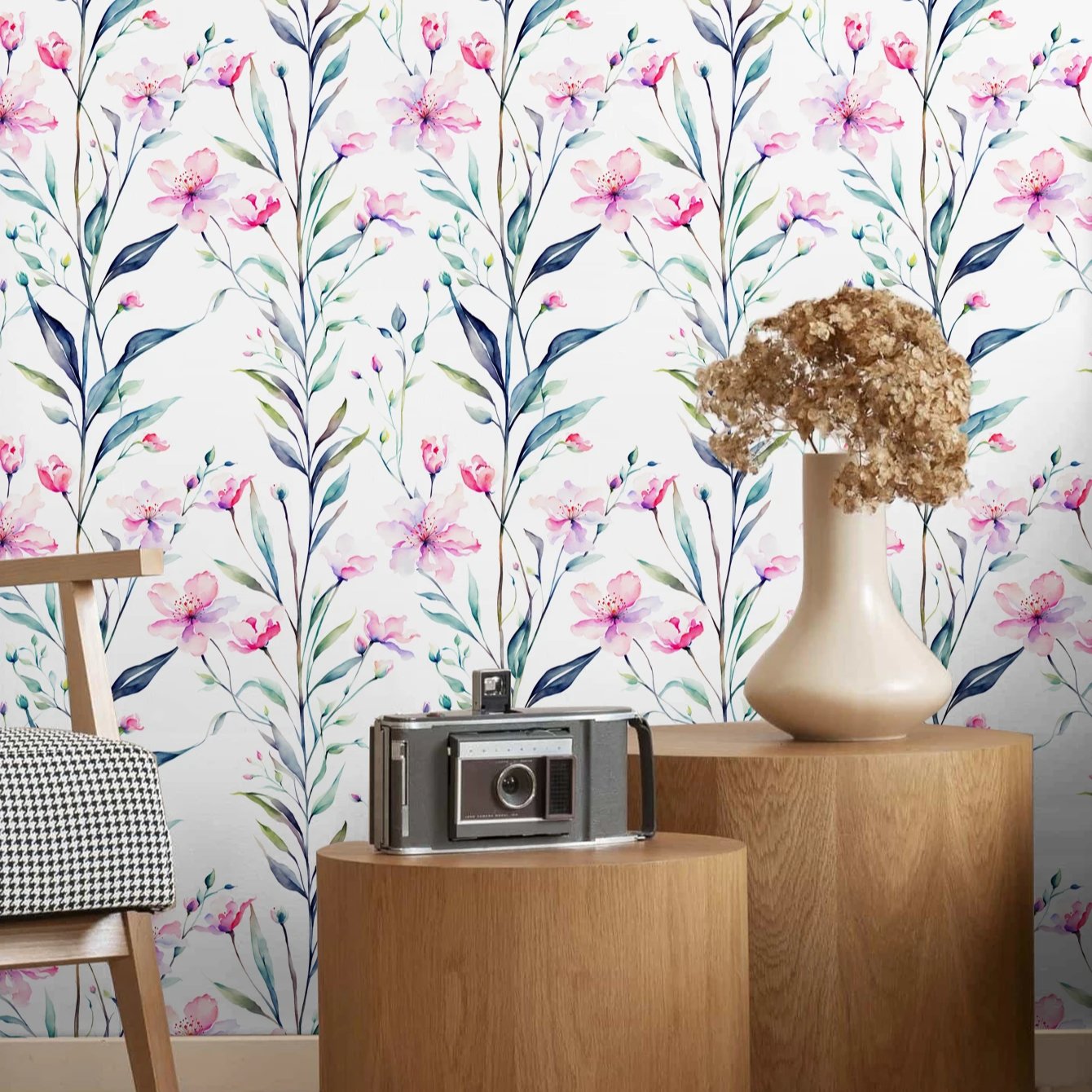 Self adhesive waterproof blue-green leaf purple red flower bud flower branch background decorative wallpaper, home wallpaper
