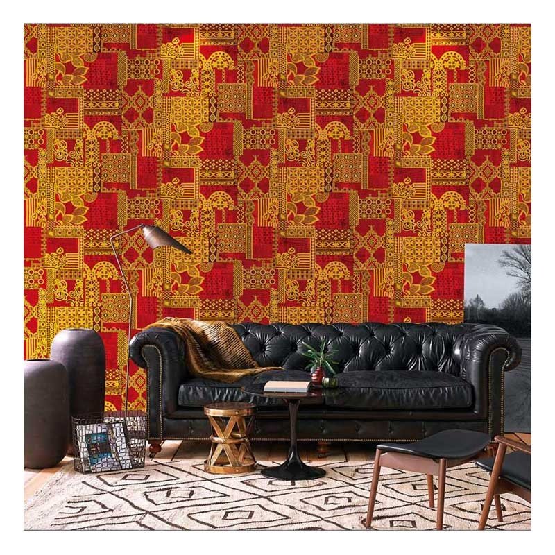 High Quality Red and Gold Luxury Chinoiserie Hotel Hall Living Room Home Decoration 3D Embossed PVC Wallpaper