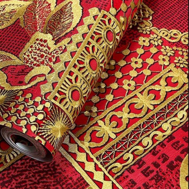 High Quality Red and Gold Luxury Chinoiserie Hotel Hall Living Room Home Decoration 3D Embossed PVC Wallpaper