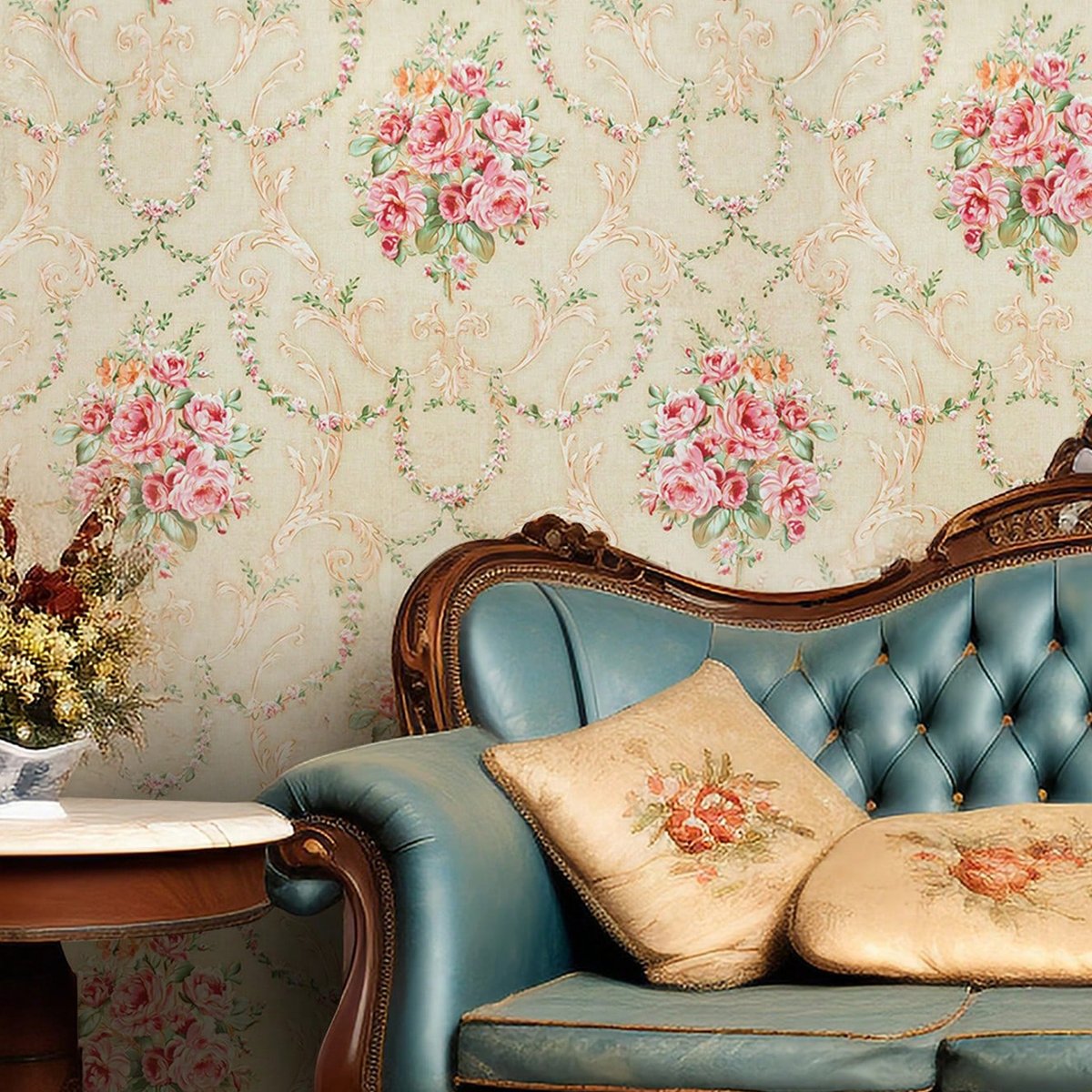 Self adhesive, easy to clean, waterproof, retro watercolor, floral, European decorative background wallpaper, home wallpaper