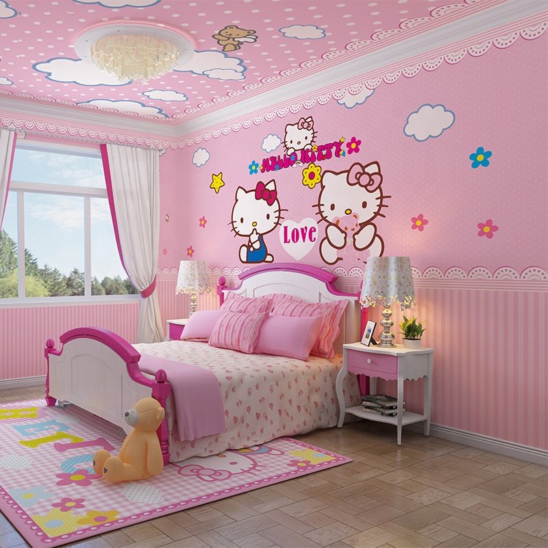 Children wallpaper Pink Princess Room Girls Bedroom wallpaper Kitty Cat Mural Hello Kitty Wallpaper Sticker