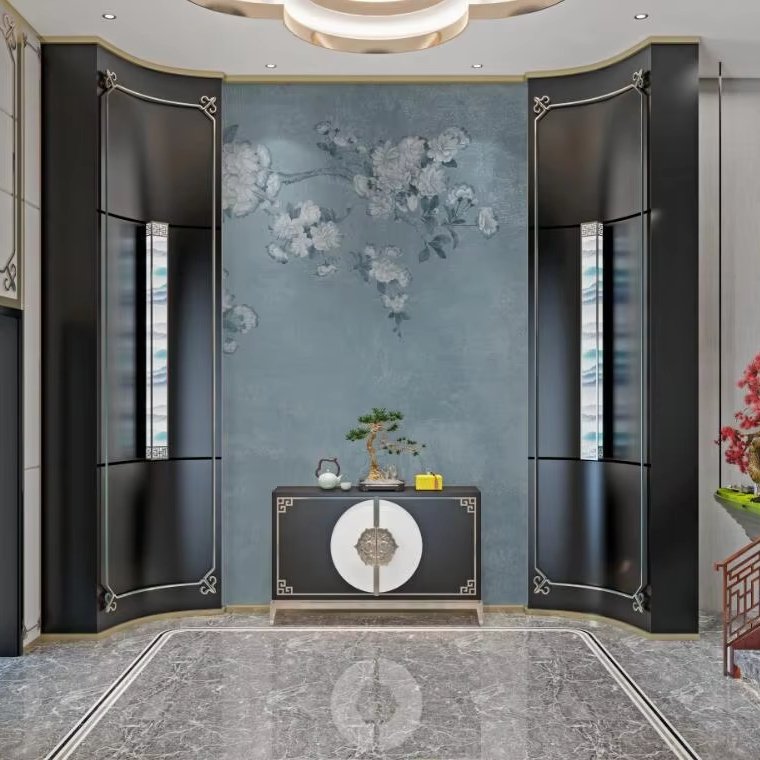 Zhenling Digital print gardenia design blue background silk wallpaper for interior house wall decoration