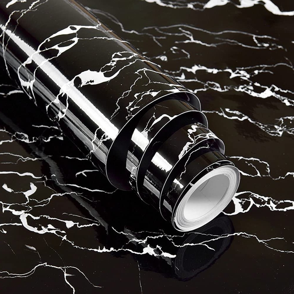 ORON DECO Glossy Black Marble Sticker Self Adhesive Removable 3d Kitchen Oil-proof Wallpaper Vinyl Rolls Peel And Stick for Home