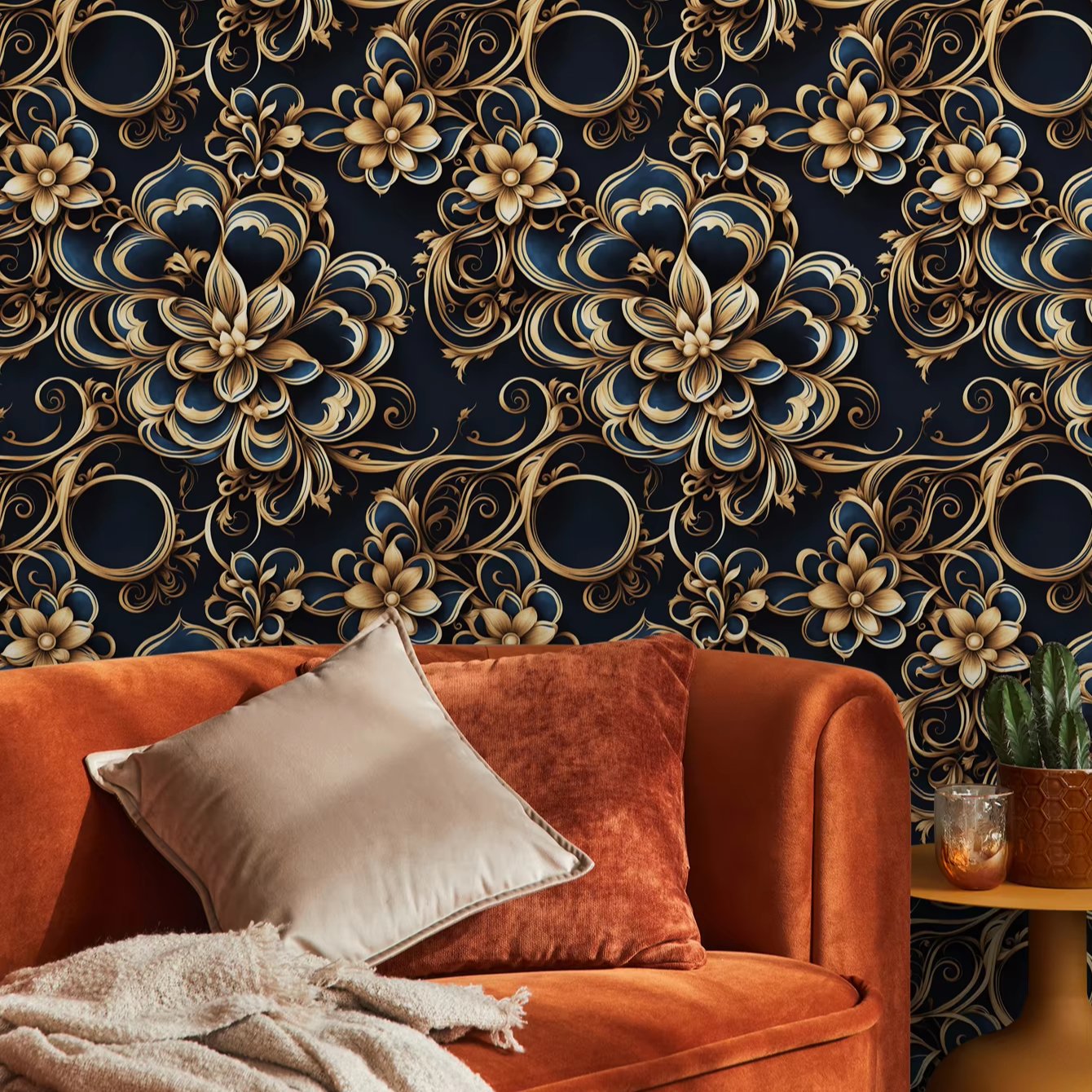 Self adhesive waterproof European style large pattern blue black gold flower background decorative wallpaper, home wallpaper