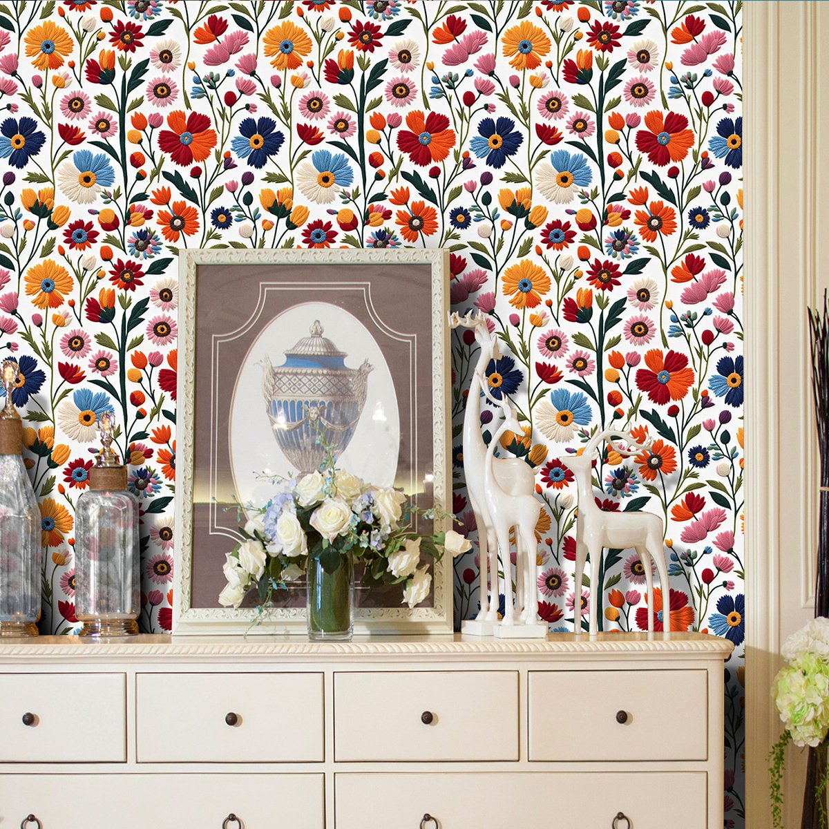 Factory customized easy to cut multifunctional home decoration daisy embroidery self-adhesive wallpaper stickers