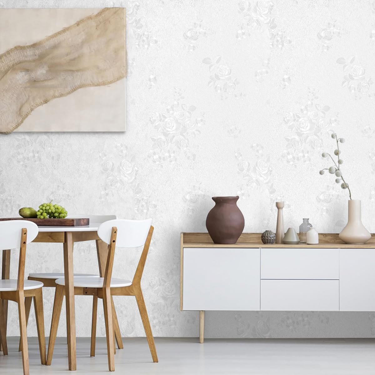 Selfadhesive waterproof and stain resistant white series European patterned rose background decorative wallpaper, home wallpaper