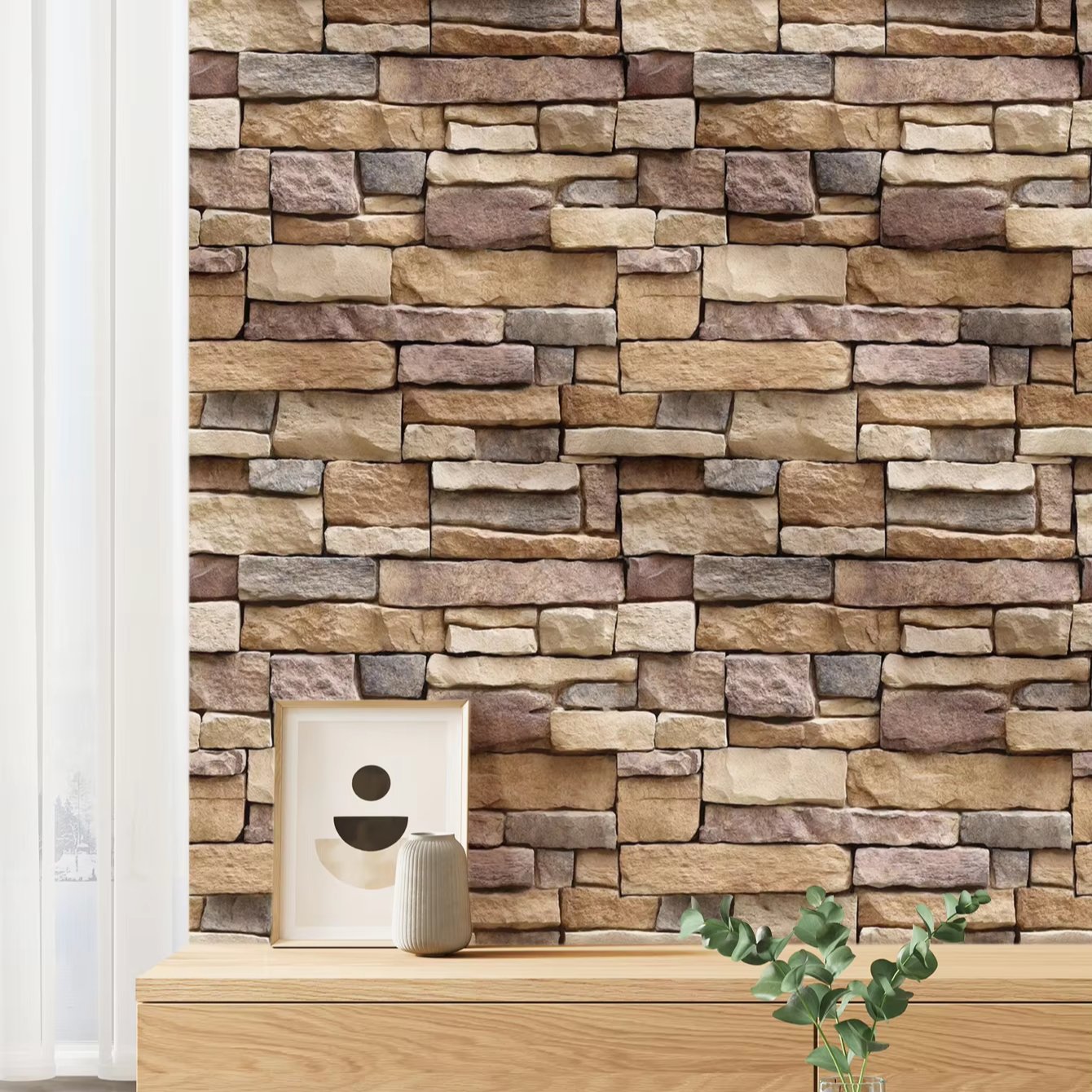 Self adhesive waterproof retro brick and stone wall, yellow gray minimalist background decorative wallpaper, home wallpaper