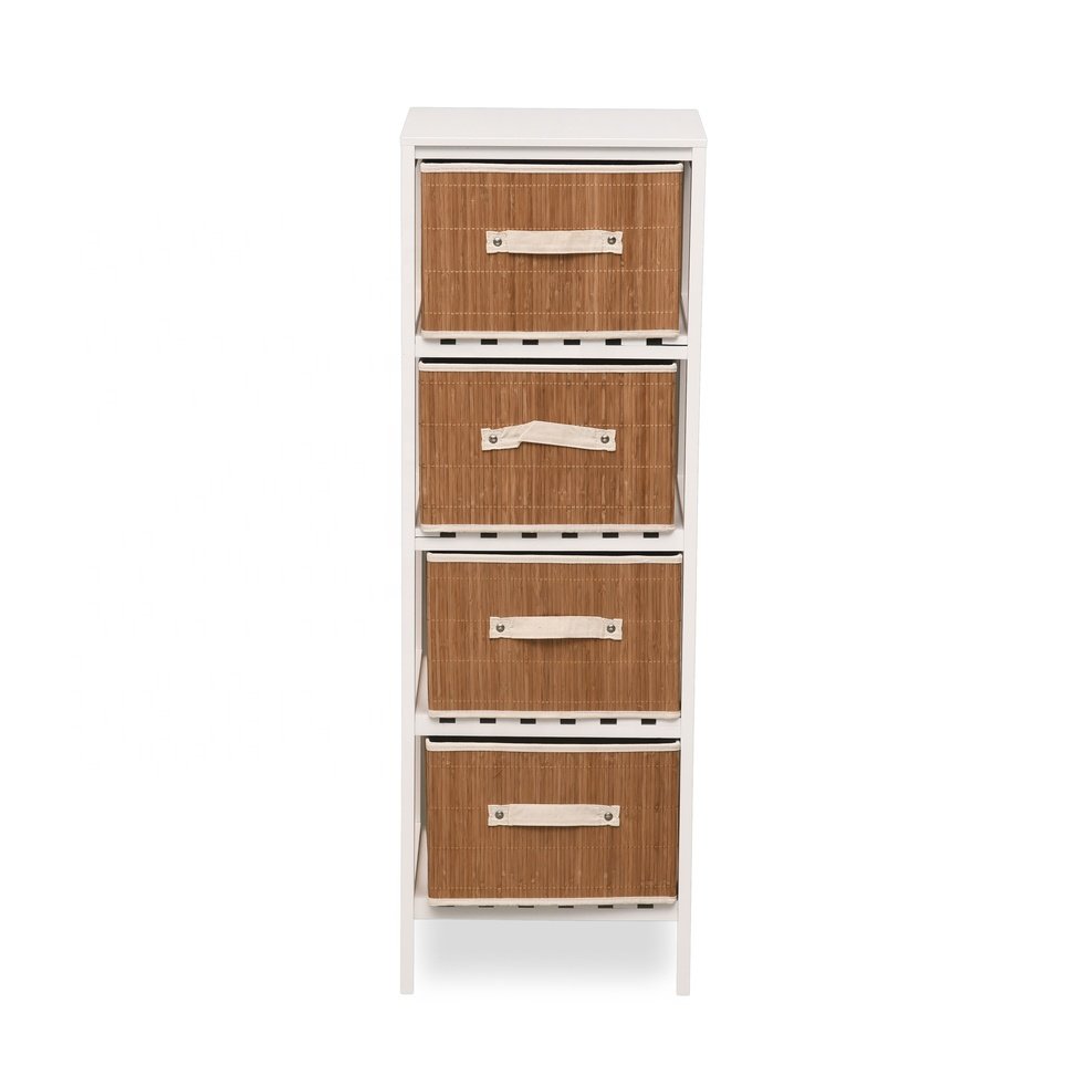 Storage Chest with Pull Out Basket Bins Rustic Cabinet for Living Room Bedroom Entryway White 4 Drawer Accent Chest