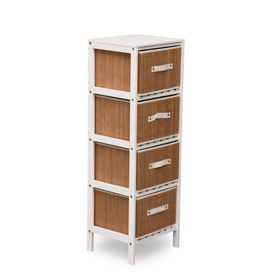 Storage Chest with Pull Out Basket Bins Rustic Cabinet for Living Room Bedroom Entryway White 4 Drawer Accent Chest