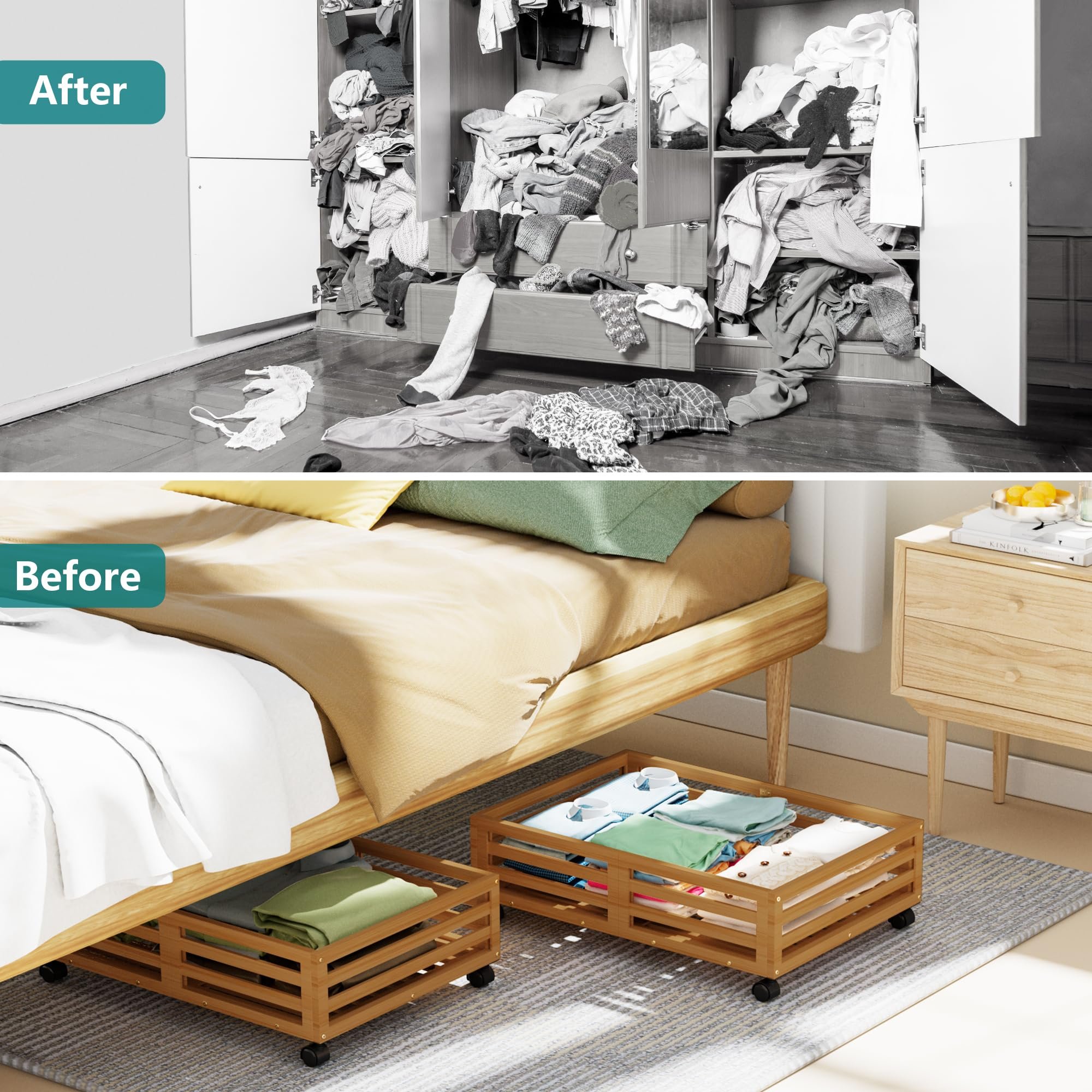 Wholesale Walnut Wooden Under Bed Storage Container with Wheel,Wooden Large Capacity Underbed Storage Organizer,Wood Storage Box