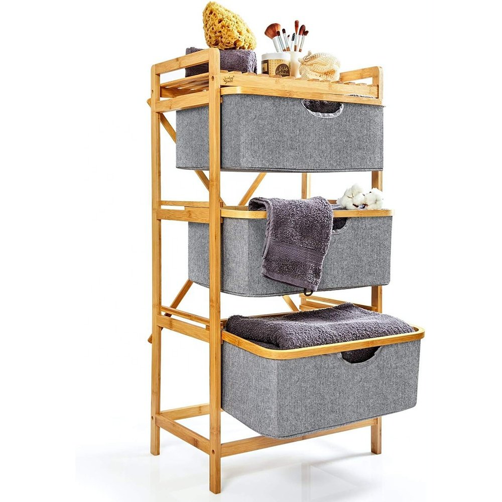 Bathroom Storage Unit Shelf Laundry Basket 3 Compartments Laundry Containers with Fabric Pull Out Drawer