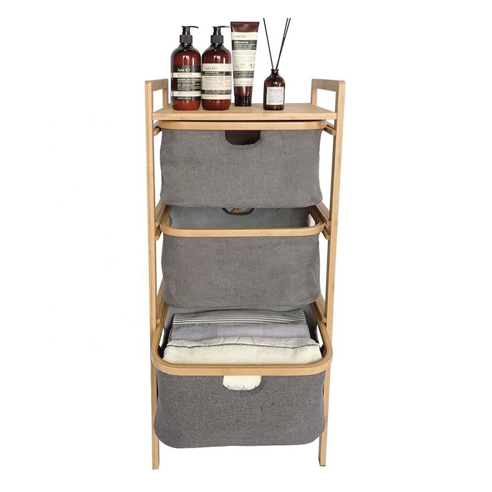Bathroom Storage Unit Shelf Laundry Basket 3 Compartments Laundry Containers with Fabric Pull Out Drawer