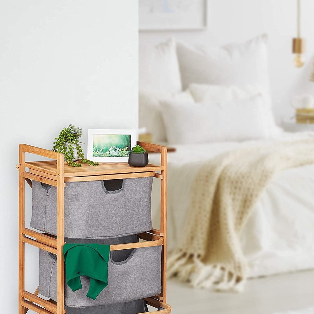 Bathroom Storage Unit Shelf Laundry Basket 3 Compartments Laundry Containers with Fabric Pull Out Drawer