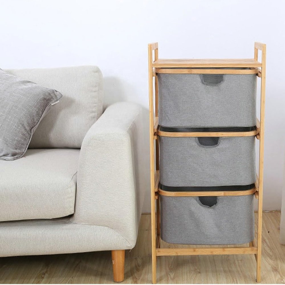 Bathroom Storage Unit Shelf Laundry Basket 3 Compartments Laundry Containers with Fabric Pull Out Drawer