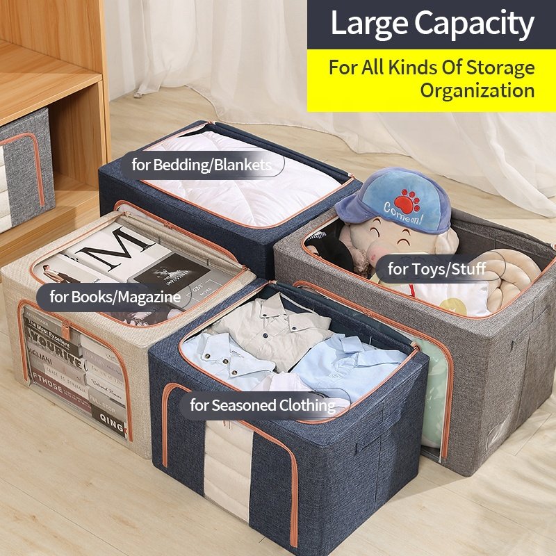 Bedroom Clothes Storage Box Bins Bedding Closets Foldable Stackable Cabinet Container Fabric Organizer Metal Frame Basket Set
