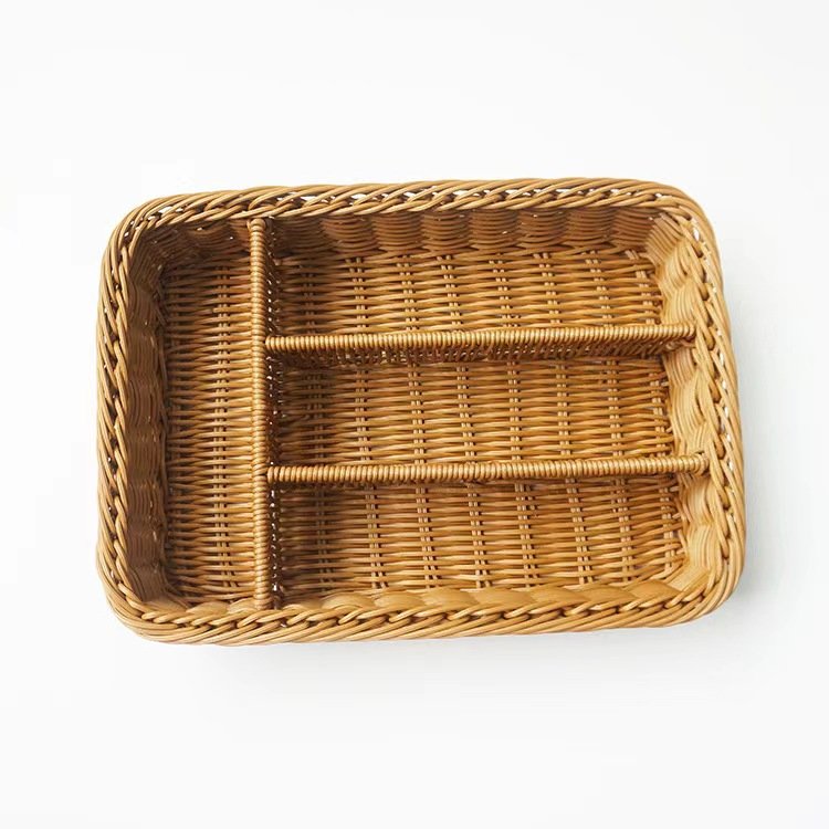 Handwoven Rectangular Imitated Rattan Wicker Basket Fruit Snack Bread Picnic Storage Box Cutlery Drawers Compartment Organizer