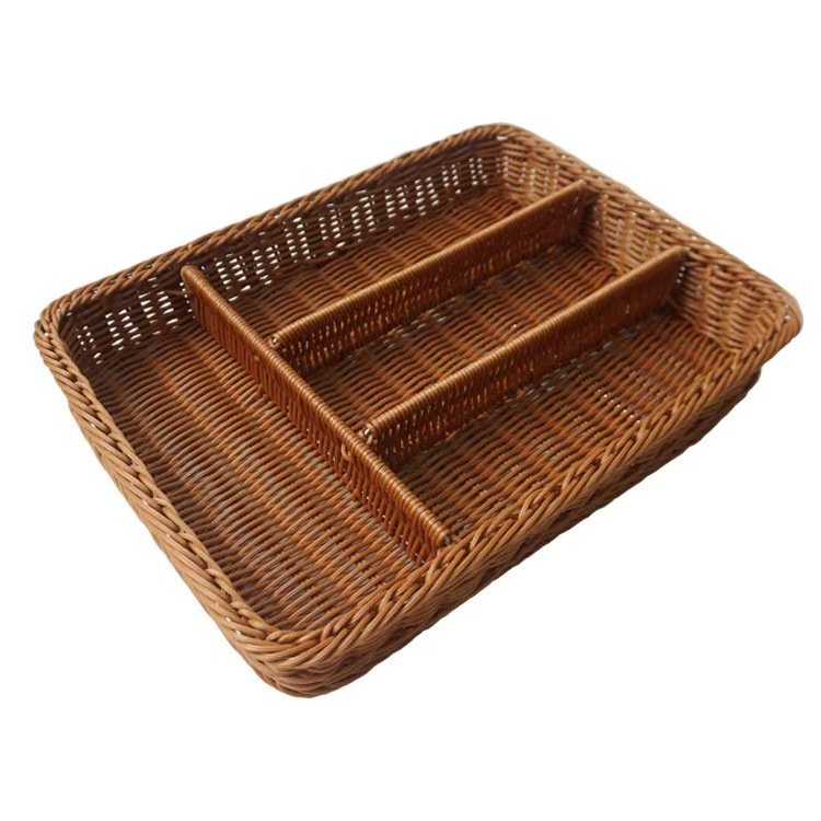 Handwoven Rectangular Imitated Rattan Wicker Basket Fruit Snack Bread Picnic Storage Box Cutlery Drawers Compartment Organizer