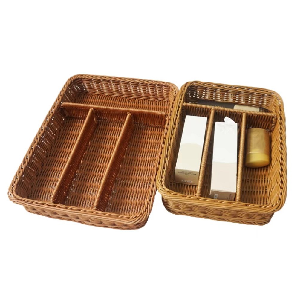 Handwoven Rectangular Imitated Rattan Wicker Basket Fruit Snack Bread Picnic Storage Box Cutlery Drawers Compartment Organizer