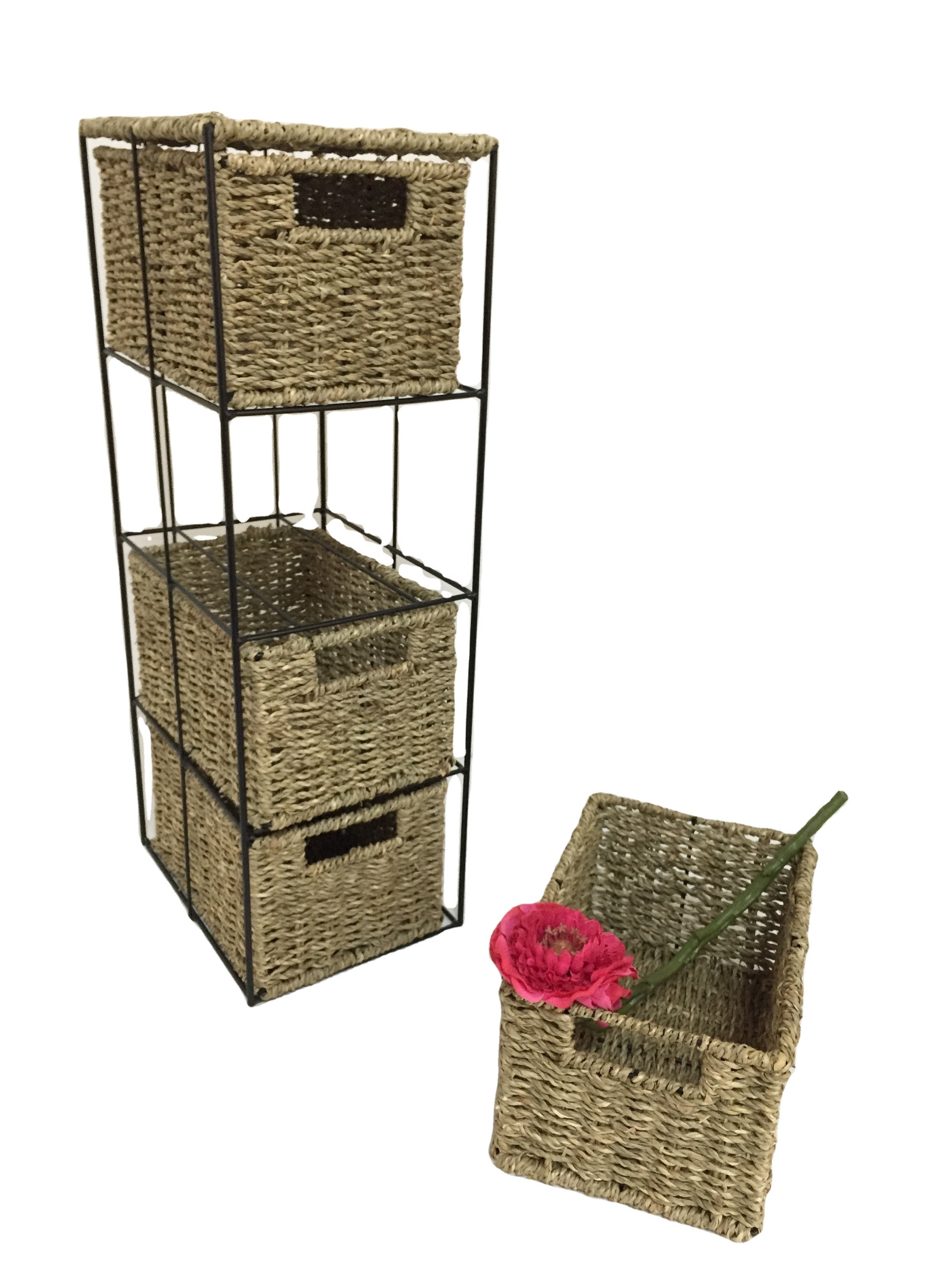 XH Traditional Chinese household handmade woven natural seagrass drawer storage unit with 4 drawers cabinet for home storing