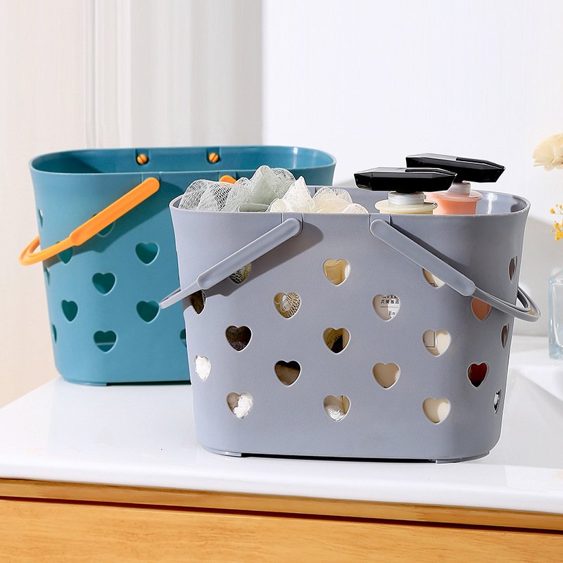 Simple Style Contrast Color Bath Basket Heart-shaped Hollow Large Capacity Convenient Bath Basket
