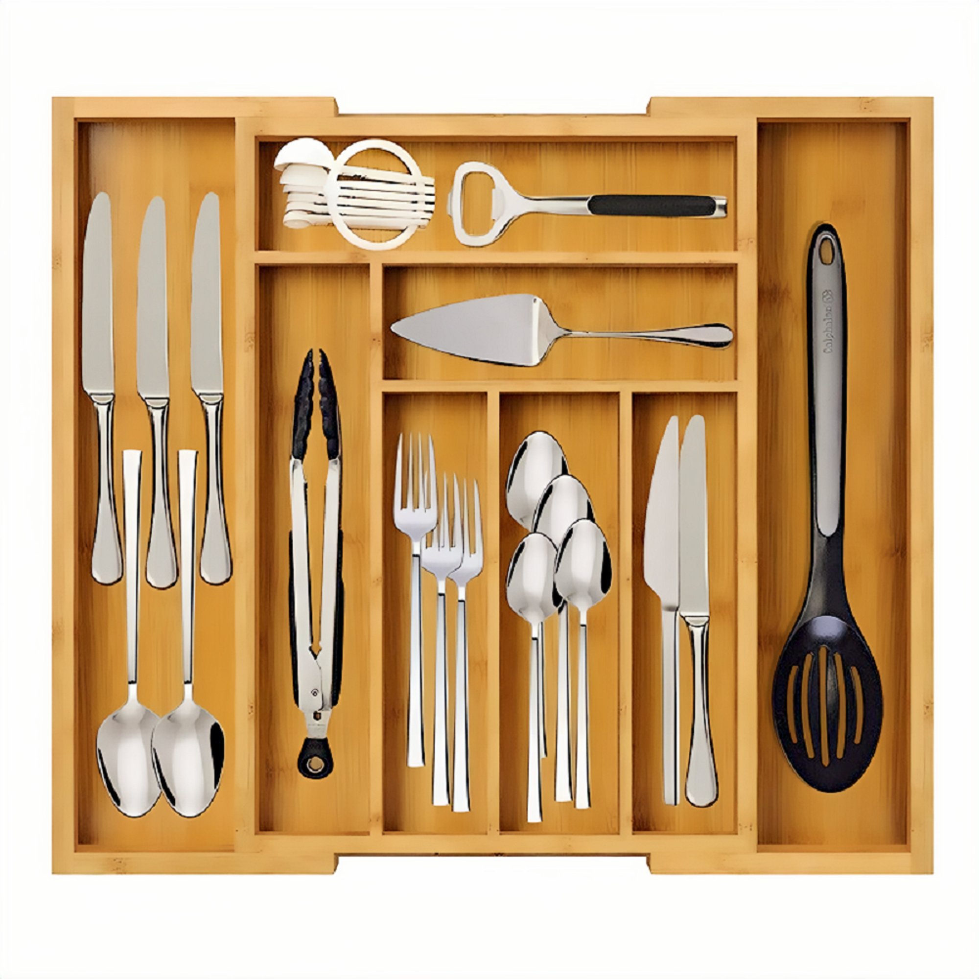 Bamboo Expandable Drawer Organizer, Multipurpose Storage Container, Adjustable Silverware Kitchen Utensil Organizer Box Double