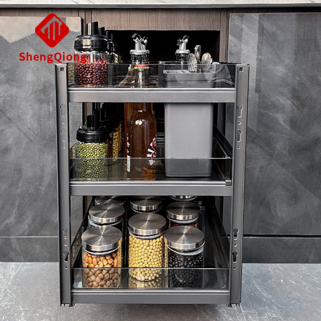 Three-layer drawer-type nano aluminum alloy kitchen cabinet seasoning pull basket