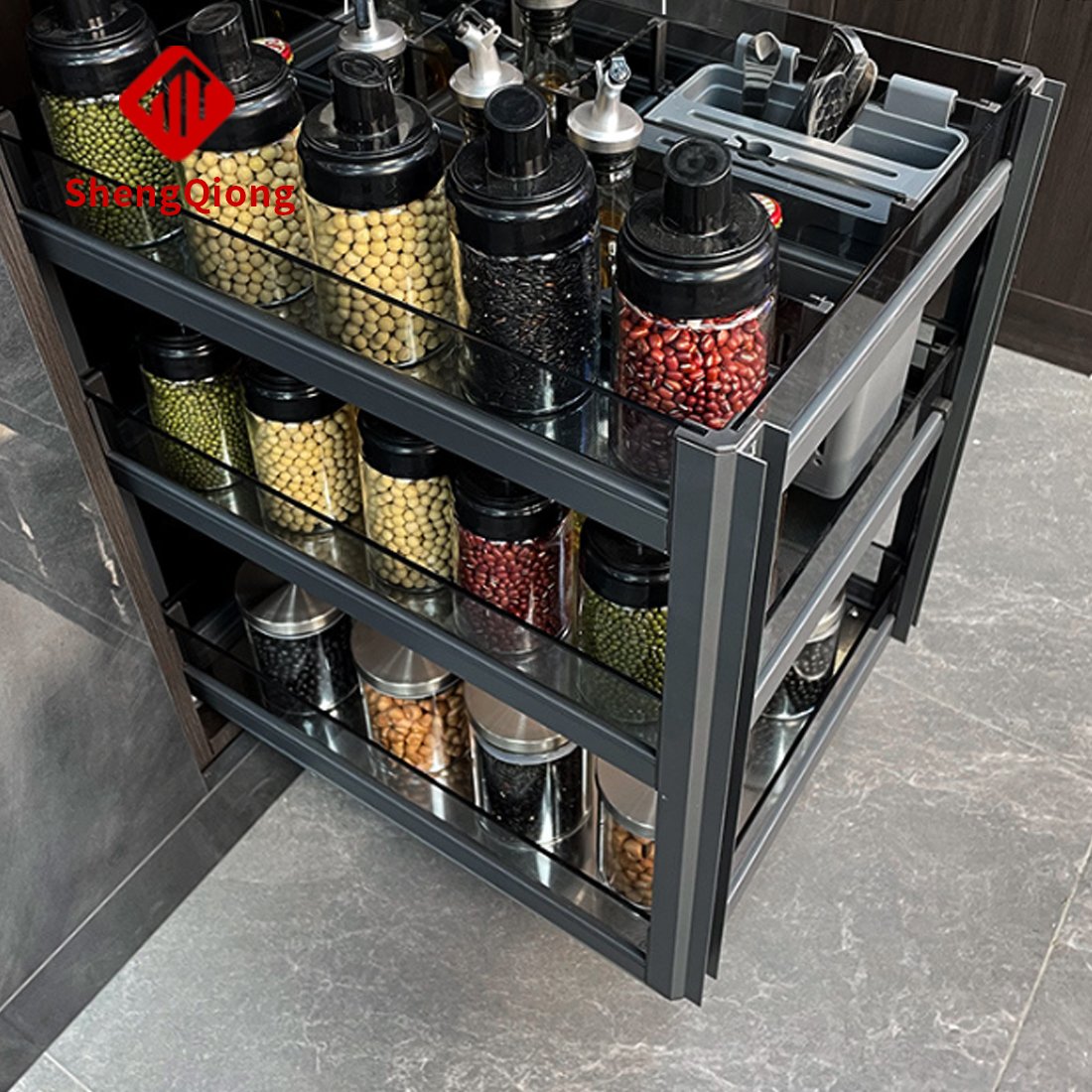 Three-layer drawer-type nano aluminum alloy kitchen cabinet seasoning pull basket