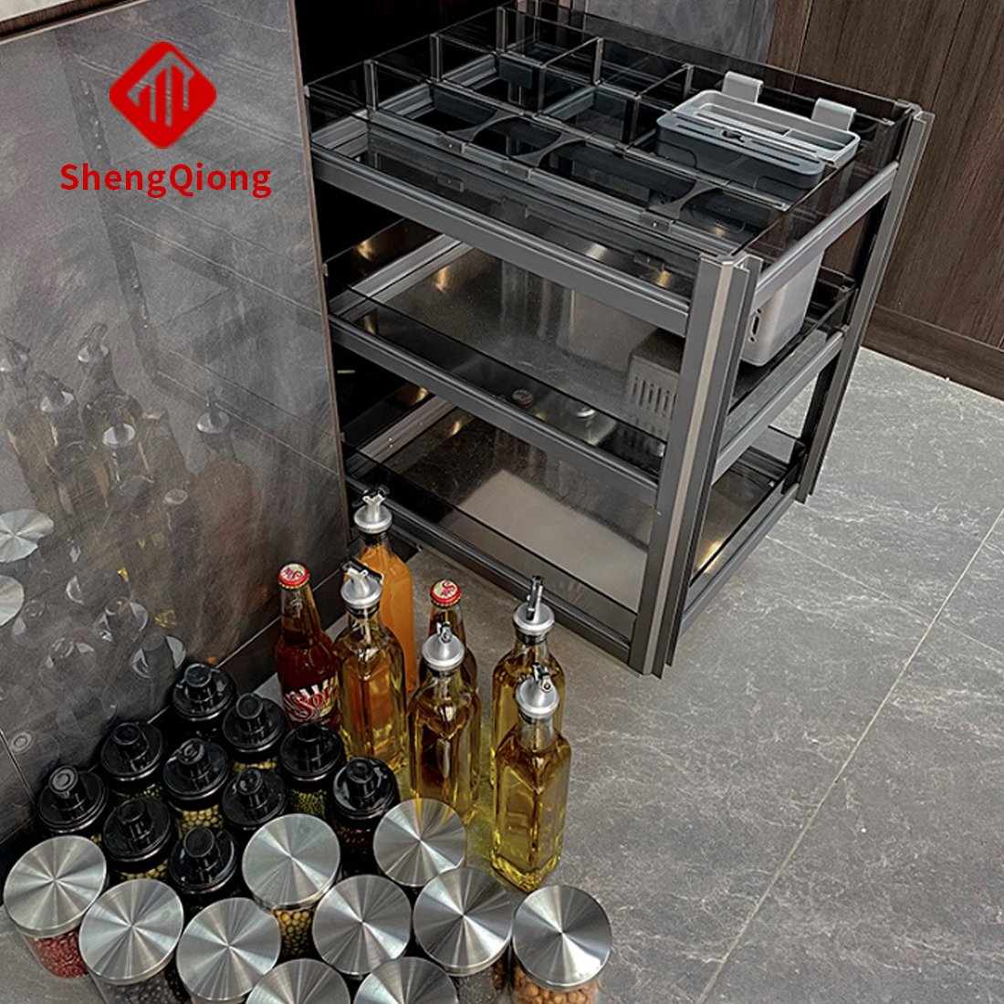 Three-layer drawer-type nano aluminum alloy kitchen cabinet seasoning pull basket